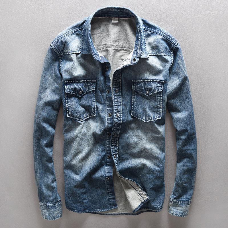 

Men's Denim Shirts Slim Fit Jeans Casual Shirt Men Chemise Homme Camisa Social Long Sleeve Dress Male Sybi22, Blue