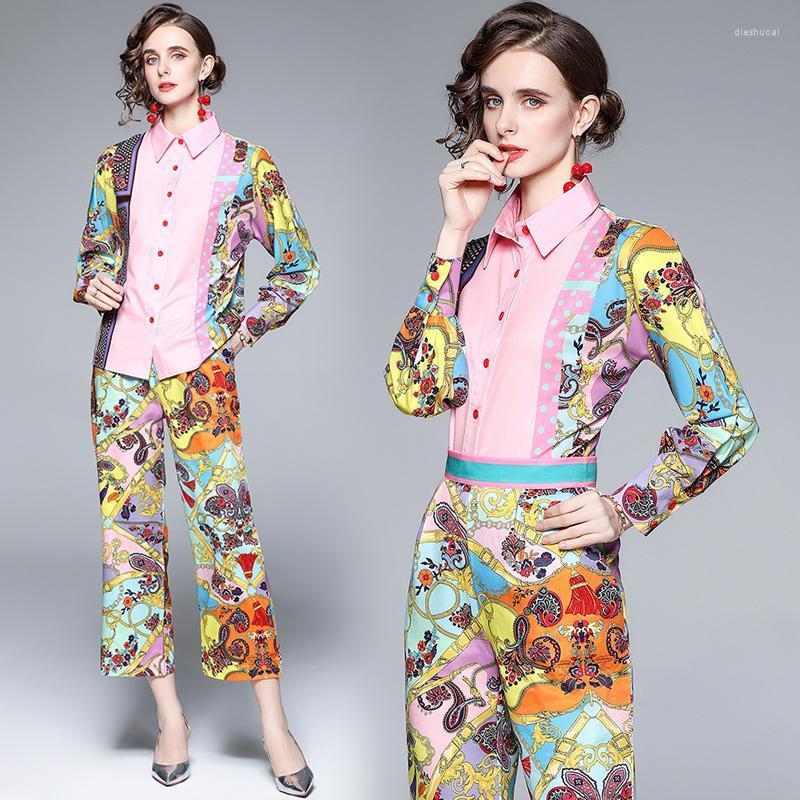 

Women's Two Piece Pants Fashion Designer Suit Women Vintage Print Turn Down Collar Long Sleeve Shirt Blouse Casual Slim Pant Pieces Set, Photo color