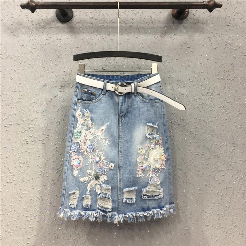 

Skirts Summer Fall Women Beading Flower Tassel High Waisted Denim Skirt Designer Woman Embroidery Slim Jeans, Blue