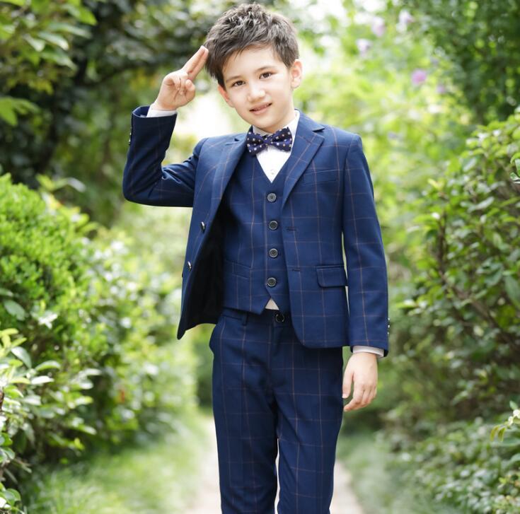 

Clothing Sets Boys Suits For Weddings Plaid Navy Blue Wedding Party Suit Formal Boy Kids Blazer 4pcs/setClothing