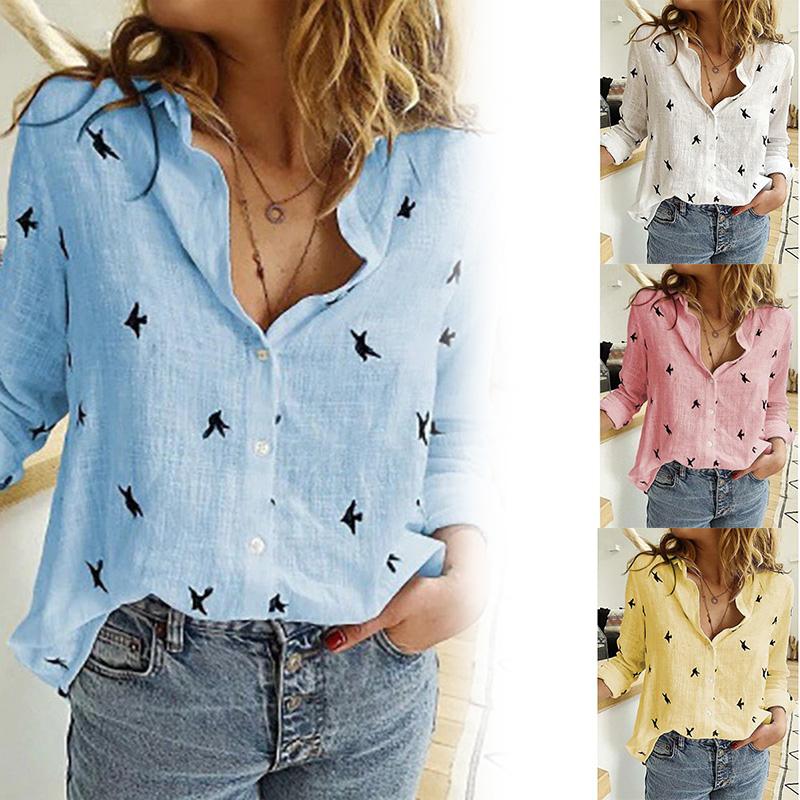 

Women's Blouses & Shirts Helisopus Summer Women's Button-up Top Solid Color Casual Loose Long-sleeved Lapel Printed Linen Shirt Daily Co, Blue