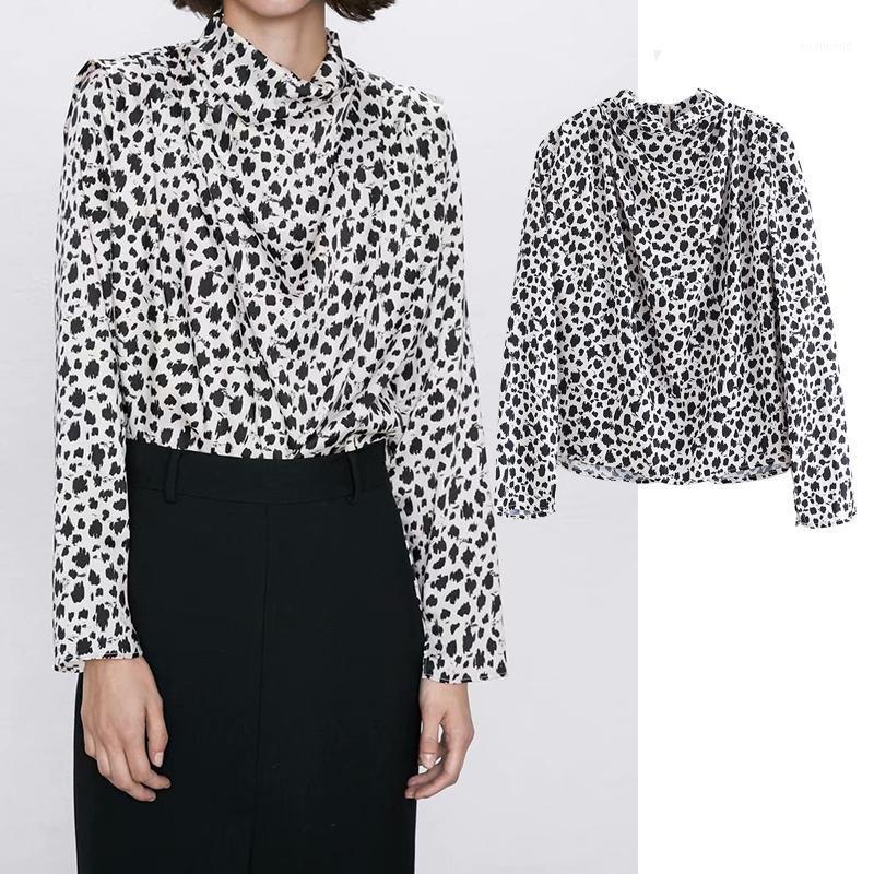 

Fashion Women Folds Animal Print Chiffon Shirt Turtleneck Long Sleeve Casual Loose Tops Women's Blouses & Shirts