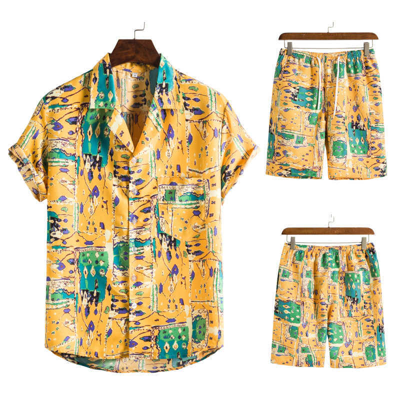 

2022 Mens Tracksuits Hawaiian Beach Style Suit Collar Print Short Sleeve Shorts Set European Mens Two-piece Set, Tz04 yellow