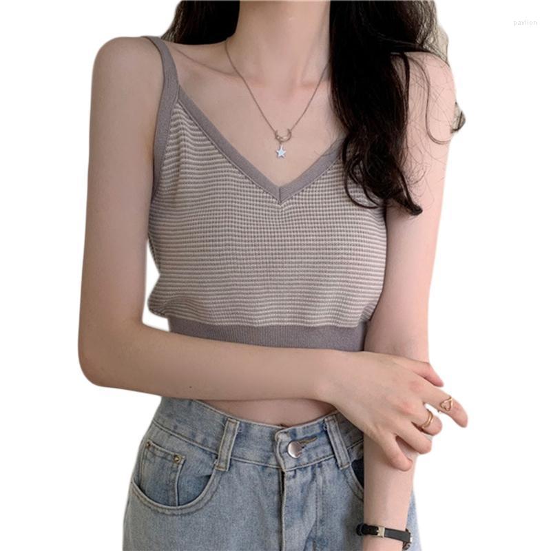 

Women's Tanks & Camis Style Women Knit Sleeveless Striped Camisole Sexy V-Neck Slim Spaghetti Strao Crop TopWomen's, Black