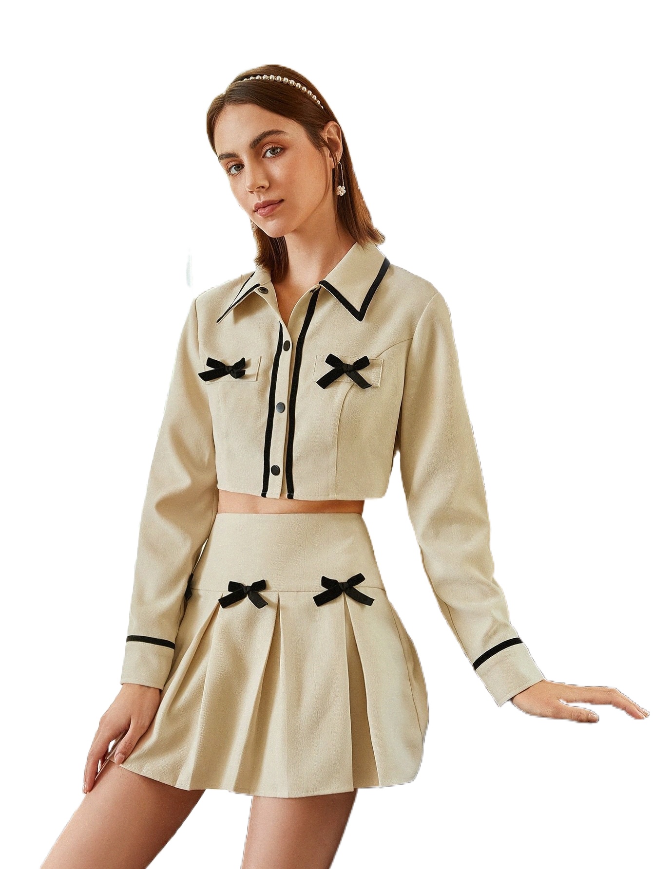 

bow Front Contrast Tape Crop Jacket & Pleated Skirt R1bA#, Apricot