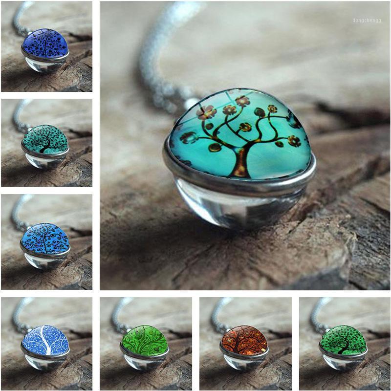 

Pendant Necklaces Fashion Double Sided Glass Ball Tree Of Life Necklace Art Painting Retro Bamboo Link For Women Jewelry