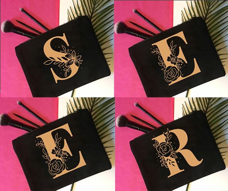 

Cosmetic Bags & Cases Gold Letters Large Rose Flower Plant Black Canvas Bag Lipstick Women Fashion Makeup Eco Portable Zipper Pouch, W00009-tbbk-d