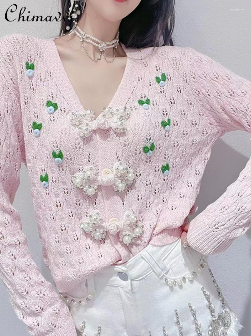 

Women's Knits & Tees Women's Knitted Cardigan 2022 Early Autumn Korean Fashion Sweet Heavy Beaded Buckle All-Matching Sweater All-matchi, Pink