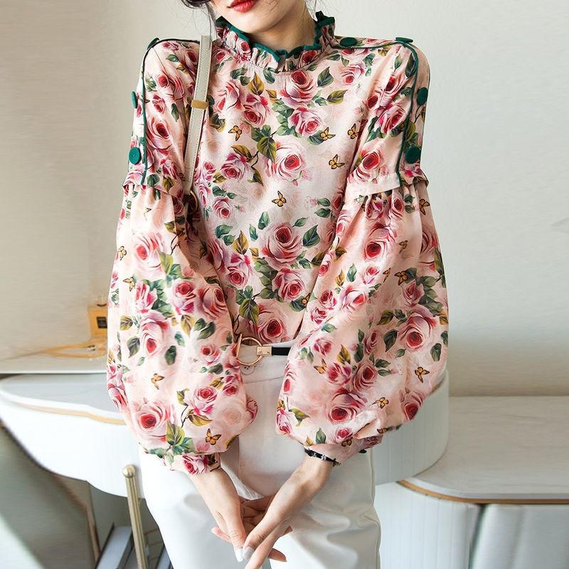 

Women's Blouses & Shirts Floral Shirt Women 2022 Spring Korean Pleated Edge Stand Up Collar Bottom Pullover Sleeve TopWomen's Women'sWomen's, Pink