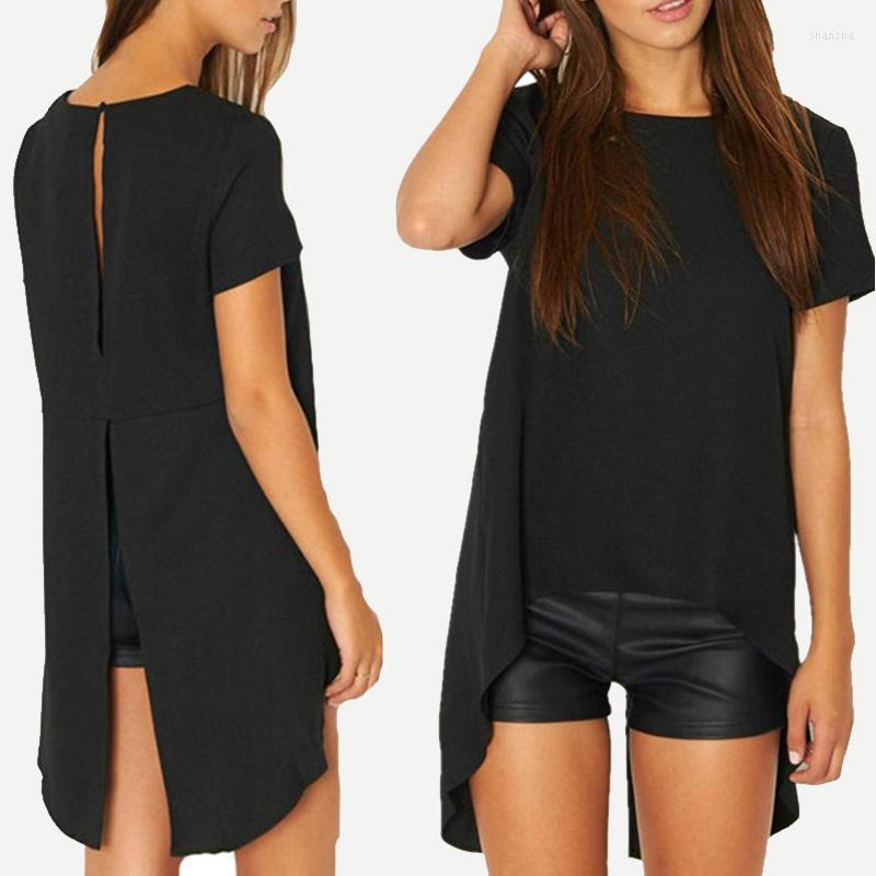 

Women' Blouses & Shirts Black Irregular Back Cut Solid Women Short Sleeve O-neck 2022 Spring Casual Fashion Loose TopsWomen