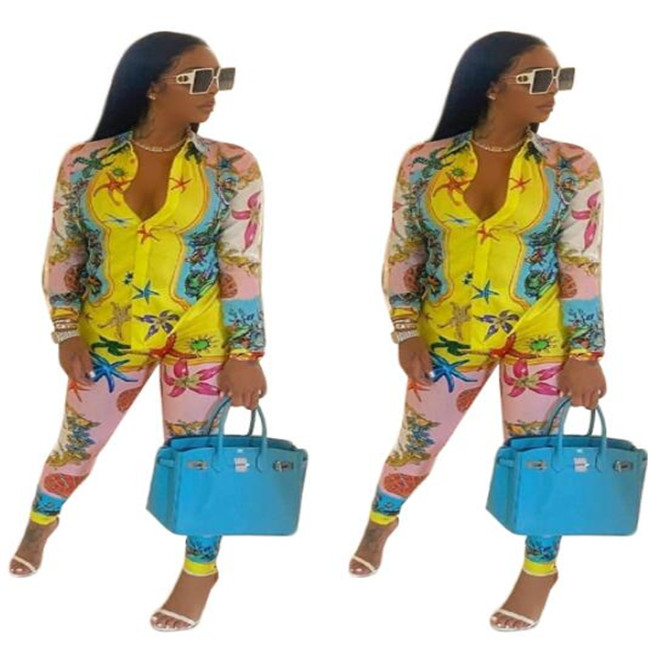 

Womens Two Piece Pants Suit Wealthy Starfish Casual Printing Shirt With Trousers Set European and American women's clothing, Yellow