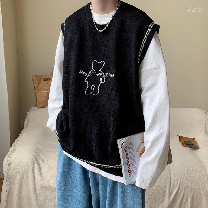 

Men' Vests Knitted Sweater Vest Sleeveless Round Neck Coat Oversize Trend Casual Embroidery Cartoon Pullover Top Clothes Four Seasons Phin2, Black