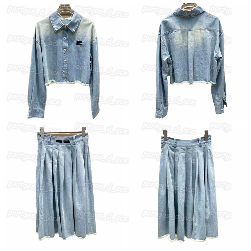 

Luxury Womens Denim Shirts Skirts Distressed Denim Blouses Dress Thin Long Sleeve Tops Skirt, White with label #20221730