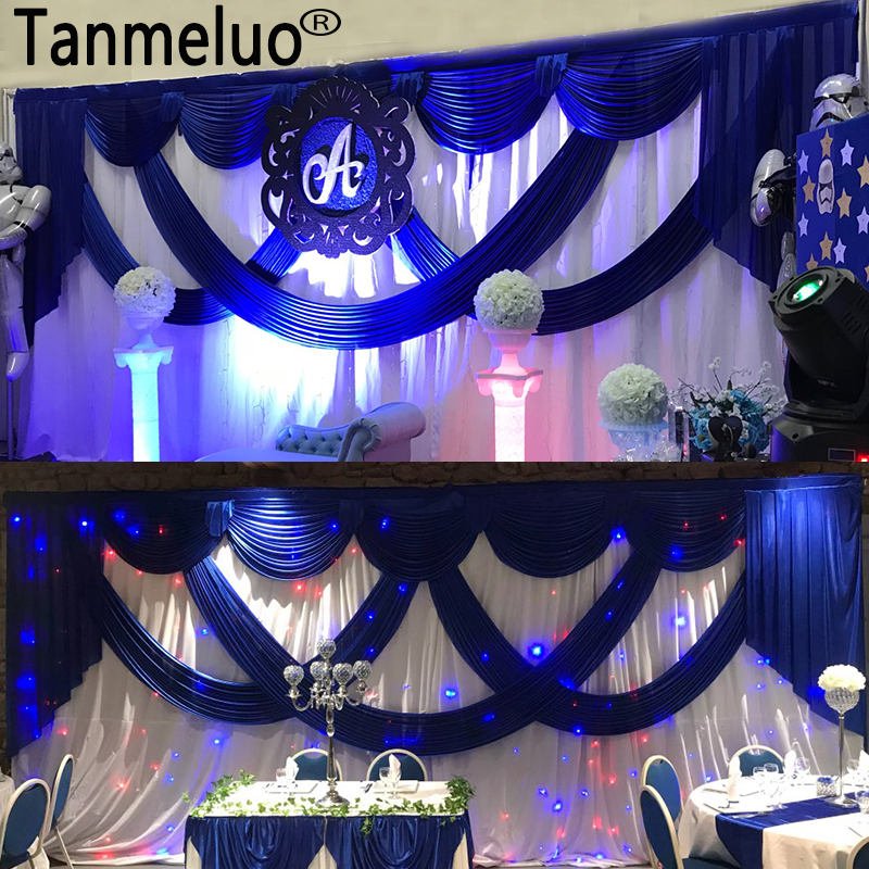 

3*6M White Ice Silk Wedding Backdrops with Royal Blue Swag Stage Background Drape and Curtain Wedding Decoration, As described