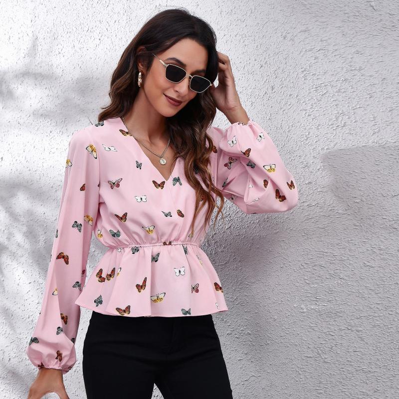 

Women' Blouses & Shirts Butterfly Lantern Sleeve Waist Closing V-Neck Long Women' Top Printed Chiffon ShirtWomen, Pink butterfly