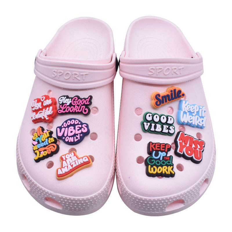 

Wholesale English Phrases Croc Charms Pvc Shoe Decoration Buckle Clog Pins Buttons