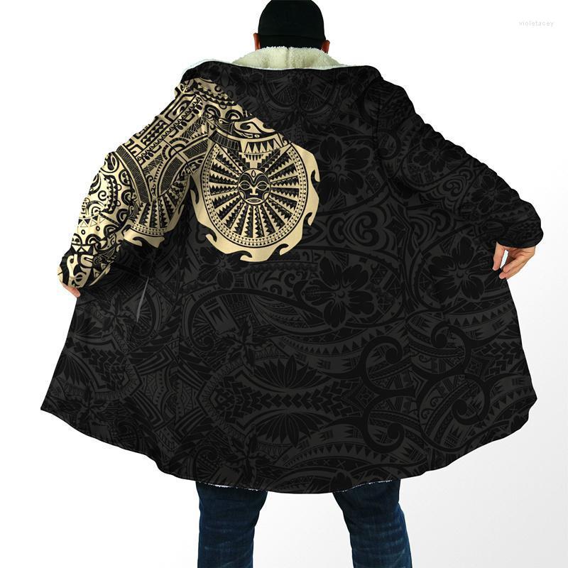 

Men' Trench Coats Hooded Cloak Polynesian Flower Tattoo 3D Printing Winter Fleece Unisex Casual Thicken Warm H028 Viol22, Black