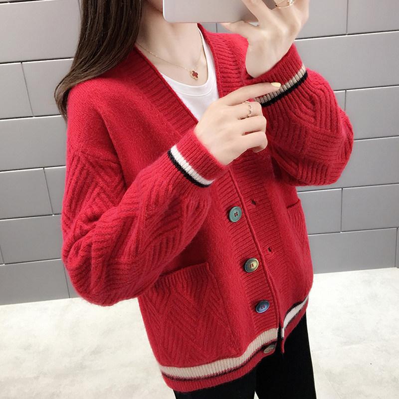 

Women's Knits & Tees Women Knitted Coat Fashion Loose Sweater Spring Autumn V-Neck Harajuku Female Red Button Up Cardigan Jacket Korean Clot, White