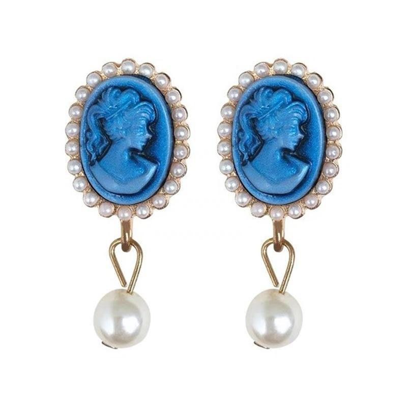 

Dangle & Chandelier Korean Style Carved Cameo Queen Head Portrait Stud Earrings For Women Pearl Wedding Party Charm Jewelry Gift