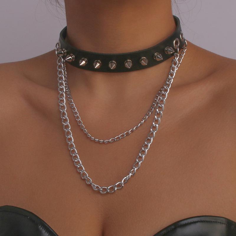

Chokers Harajuku Rivet Black Leather With Chain Pendant For Women Party Spikes PU Leash Collar Steampunk Punk JewelryChokers