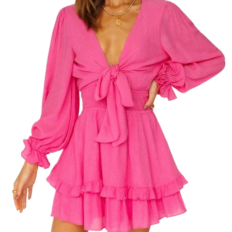 women's Chiffon Dress Short Mini Dress Light Pink White Purple Pink Light Green Red Long Sleeve Solid Color Chiffon Ruffle Patchwork Spring-image-761491703