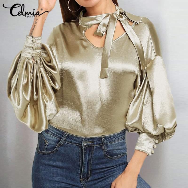 

Women' Blouses & Shirts Celmia Plus Size Tops Women Lantern Sleeve Satin 2022 Autumn Sexy V Neck Bow Tie OL Office Lady Casual Blusas 5XL, Beige
