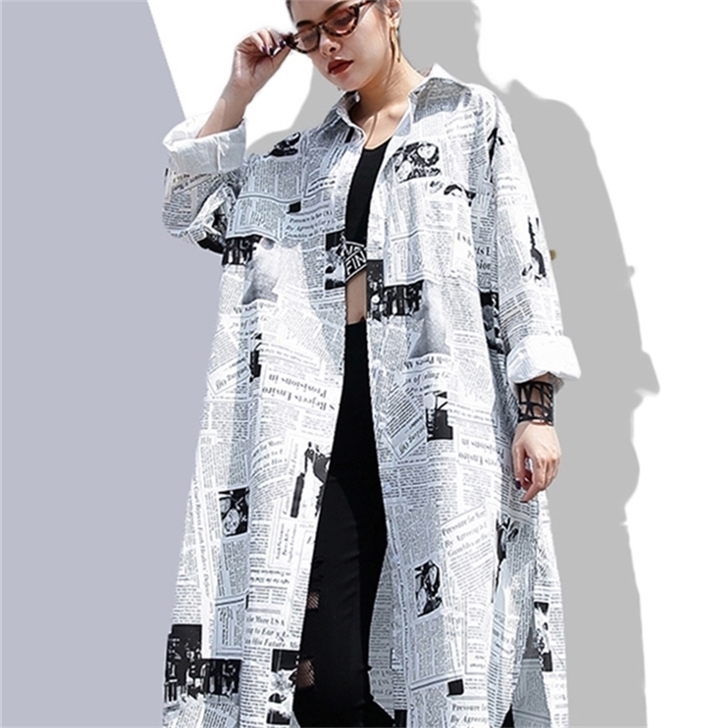 

[EAM] Spring Autumn Lapel Long Sleeve White Printed Loose Irregular Big Size Long Shirt Women Blouse Fashion JF008 220419, Picture color