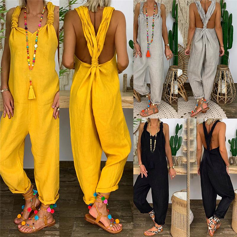 

Men' Pants Autumn And Summer Women' Jumpsuit Solid Color Overalls Sleeveless Backless Knotted OverallsMen, Blue