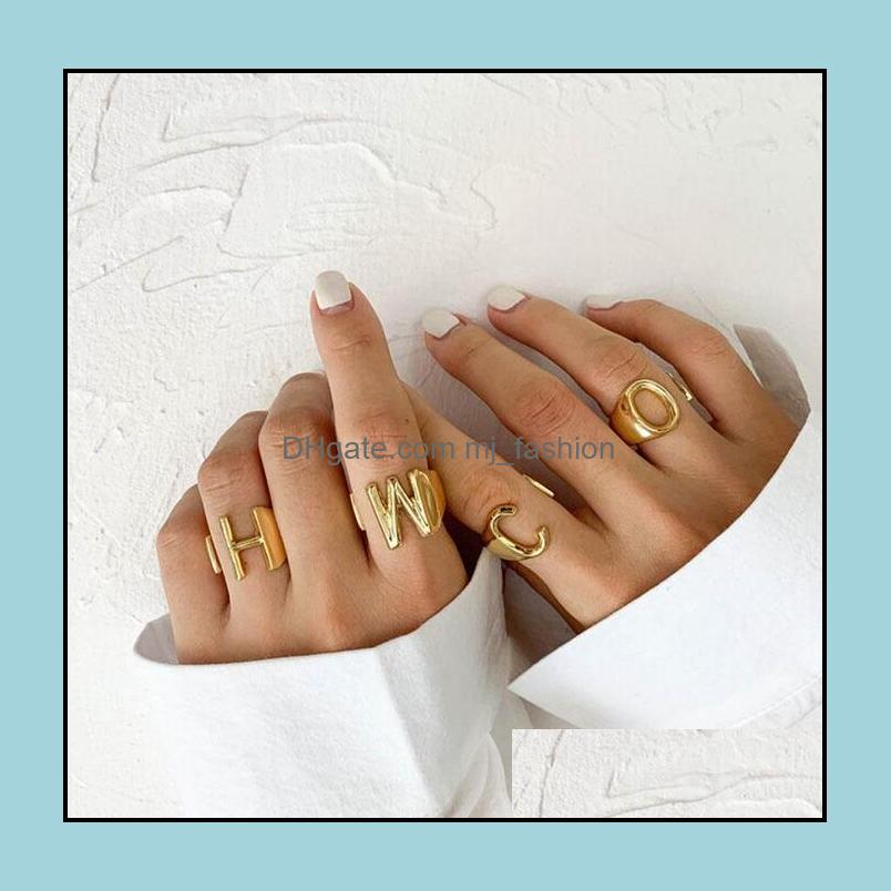 

Band Rings Jewelry Hollow A-Z 26 Letter Open Gold Color Metal Adjustable Opening Ring Initial Name Alphabet Punk Vintage Statement Party For