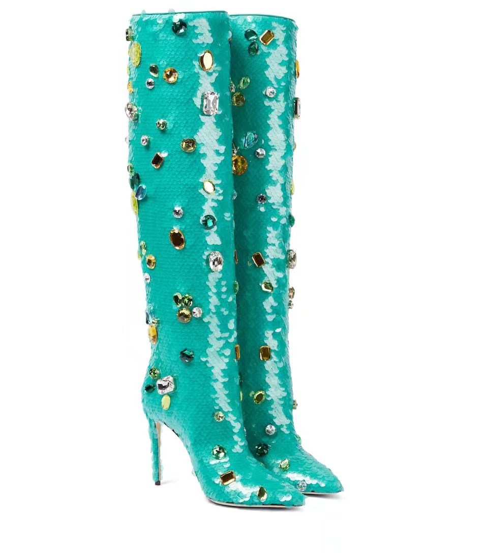 

2022 new sheepskin patent leather stiletto high heels boots SHOES Knight Booties pillage pointed toes Laser camouflage long knee catwalk Glitter diamond siz 34-43, Blue