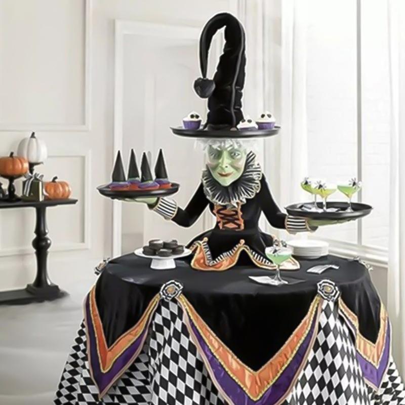 

Dishes & Plates Halloween Witch Tabletop Server With Harlequin Tablecloth Cupcake Display Stand Home Decoration Resin Statue TrayDishes, As pic