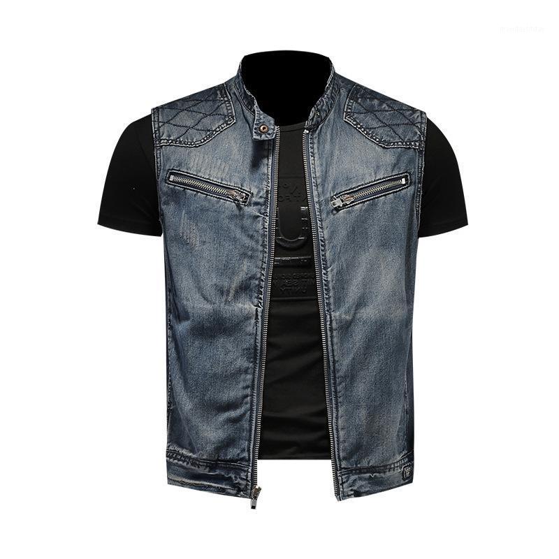 Men's Vests Motorcycle Biker Denim Vest Vintage Blue Embroidery Zippers Pockets Sleeveless Jackets Punk Cowboy Fashion Wasitcoat M-6XL