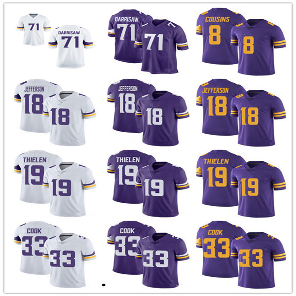 

custom 19 Adam Thielen 18 Justin Jefferson 4 Dalvin Cook 84 Randy Moss 22 Harrison Smith 99 Danielle Hunter 8 Kirk Cousins 7 Patrick Peterson Football Jerseys, Colour