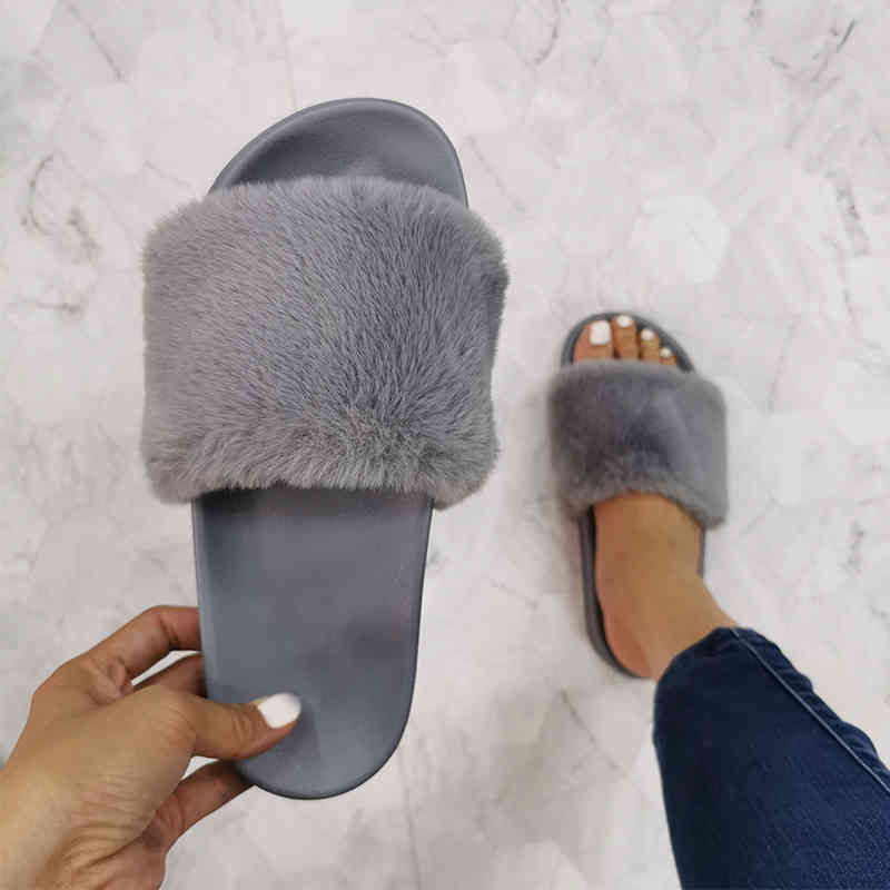 

Fashion one drop plush women slippers wear resistant female shoes flat sliding fur woman interior furry domestic, Black