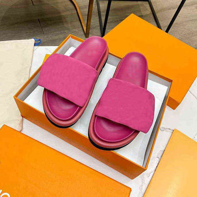 

Slippers Designer Pool Pillow Comfort Mules Men Women Sandals Nylon Wide Strap Filled Soft Down Letter Embossing Flat Slide Rubber, #5