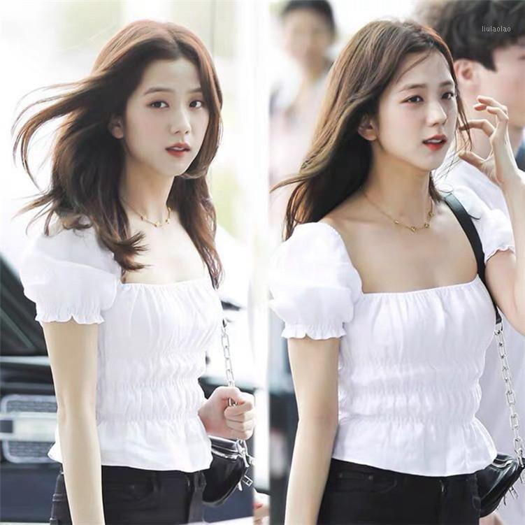 

Kpop Seo Yea Ji Korean White Slim Elegant Puff Sleeve Short Shirts Women Summer Sweet Elastic Square Neck Blouses And Tops Women, White short shirts
