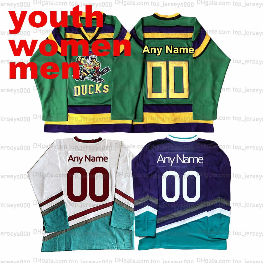 

Custom Men Women Youth Kids Movie The Mighty Ducks Hockey Jersey Stitched White Green Purple Name Number Personalise