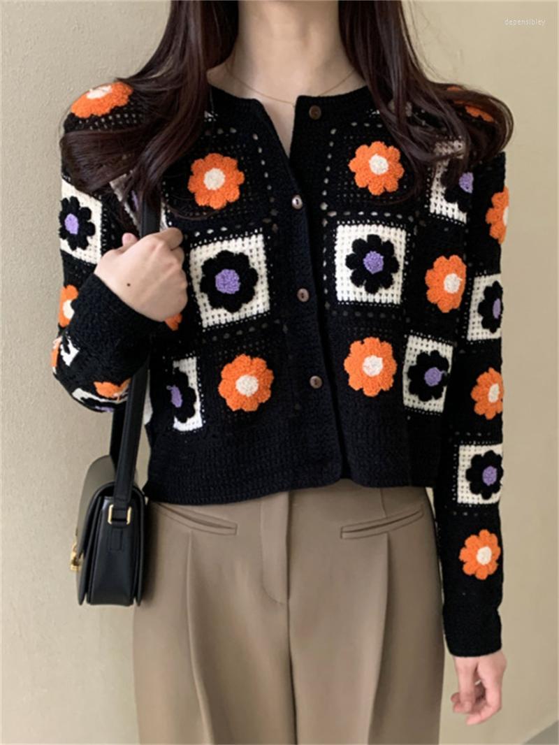

Women's Knits & Tees HziriP Korean Women Sweaters Cardigans Hollow Out Flowers Retro Chic All Match Streetwear Sweet Work Wear Knitted Embro, Black