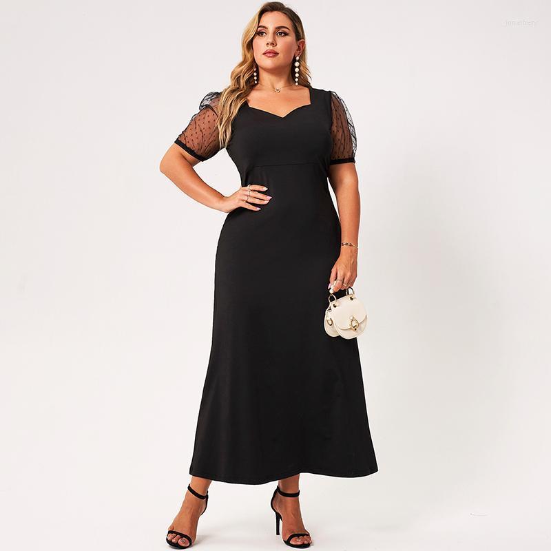 

Plus Size Dresses Summer Women 2022 Black Loose Lace Puffy Short Sleeve V-neck Elegant Vintage High-waist Party Long Robes Jona22