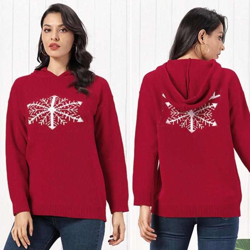 

Women' Sweaters Christmas Snowflake Hooded Sweater Women Winter Warm Long Sleeve Loose Knitting Pull Tops PulloversWomen, Red