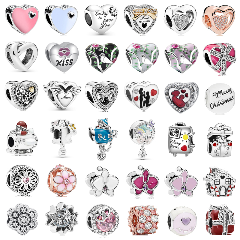 

925 Sterling Silver Dangle Charm Love Birds Flower Beer Gift Box Beads Bead Fit Pandora Charms Bracelet DIY Jewelry Accessories