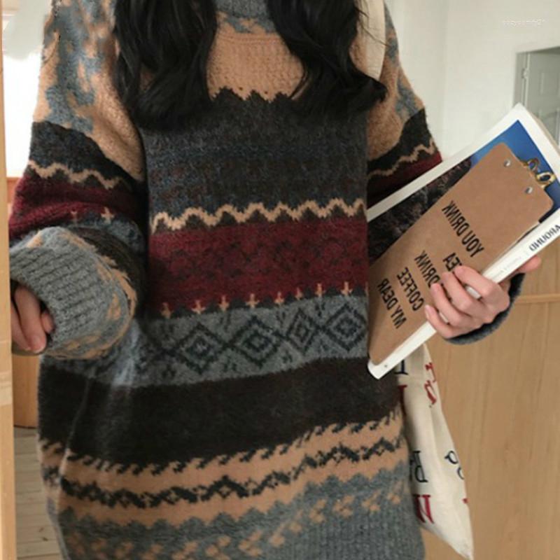 

Women's Sweaters Vintage Print Sweater Knitwear Casual Loose Pullover Women Winter Striped Jumpers Korean Oversized, White