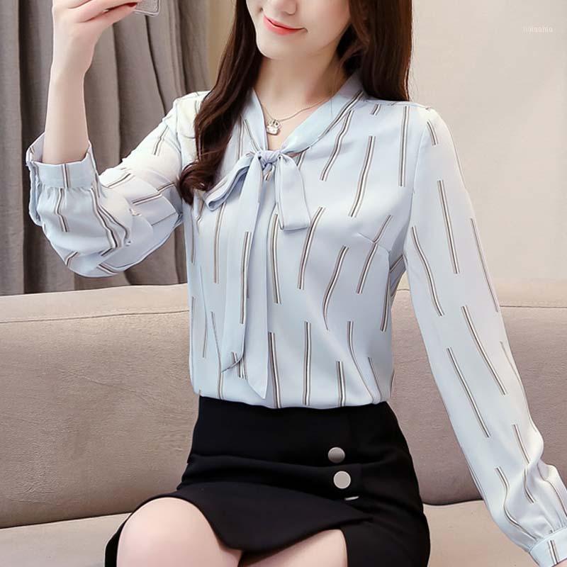 

Women' Blouses & Shirts Fashion Women Blouse Loose V-neck Chiffon Shirt Autumn Ladies Bow Long Sleeve Elegant Tops A055, Blue