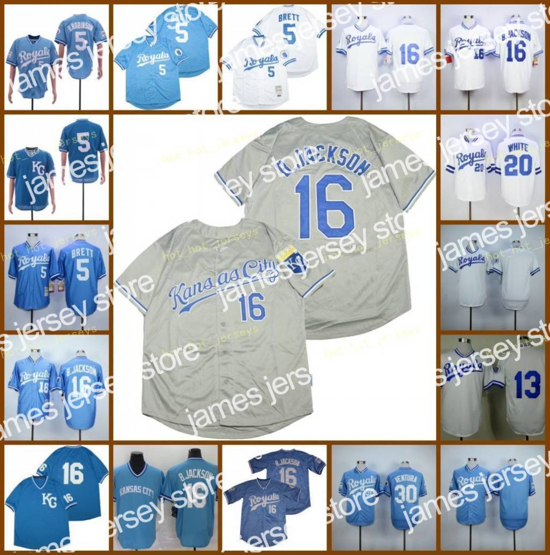 

New Retired 16 Bo Jackson Baseball Jersey 5 George Brett 13 Salvador Perez 20 WHITE 30 Yordano Ventura 1985 1987 Vintage Retro Cooperstown Mesh, Men