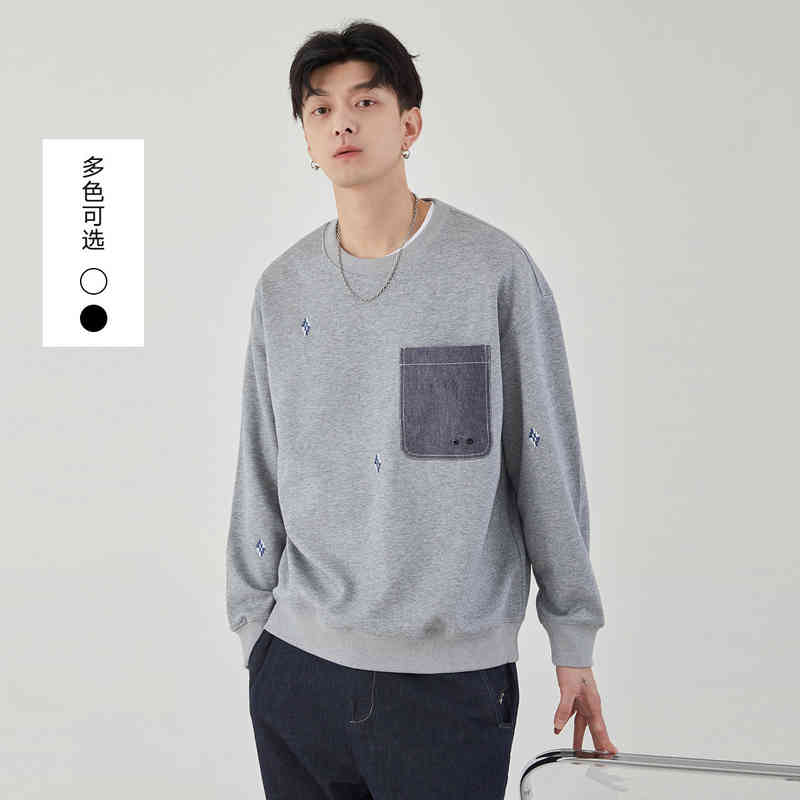 

Yizhi Men's Clothing 2022 Spring New Korean Fashion Couple Personalized Embroidery Round Neck Casual Sweater, Regular floral grey loose fit