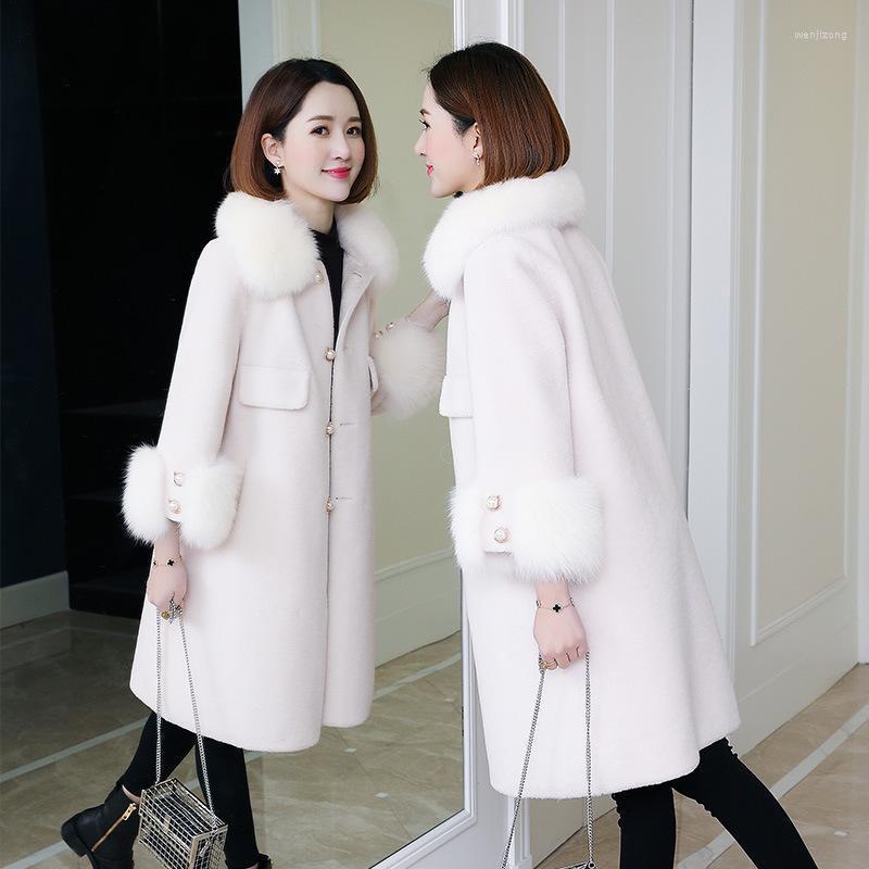 

Women' Fur & Faux Genuine Women Parkas Jacket 2022 Winter Fashion Lamb Overcoat Suede Liner Mid-Length Collar Wool Coat, White
