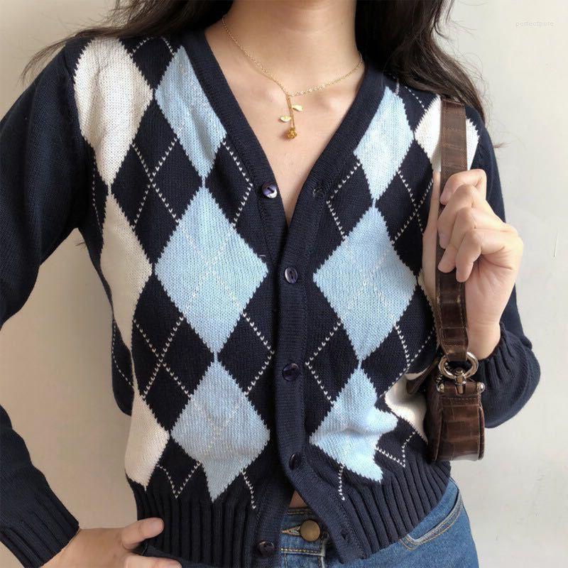 

Women' Knits & Tees Women Long Sleeve Button Down Knit Cardigan Vintage Argyle Plaid Sweater Coat Perf22, As pic