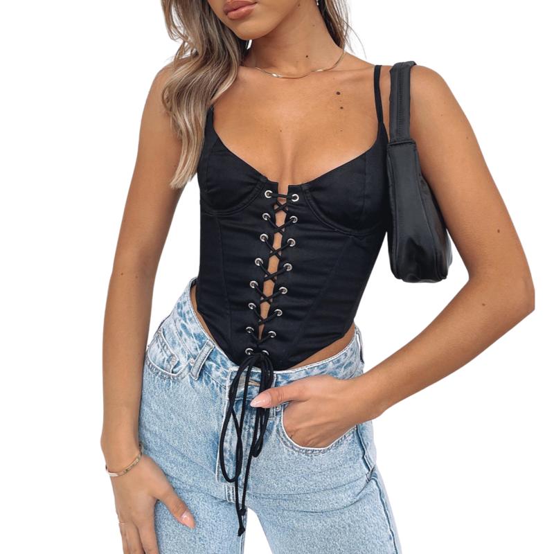 

Women' Tanks & Camis Vintage Summer Women Close-fitting Camisole Crop Tops Strapless Backless Vest Bandage Design Solid Color Deep V-neck T, Black