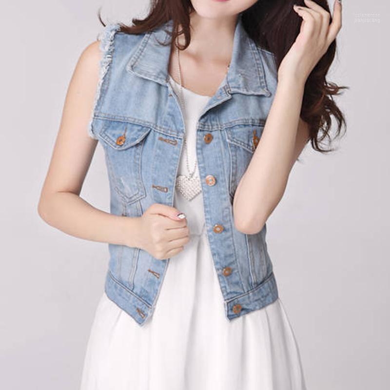 

Women' Vests Autumn Women Denim Vest Coat Sleeveless Single Breasted Casual Ladies Jeans Top Turn Down Collar Vintage Short Female Luci22, As the photo