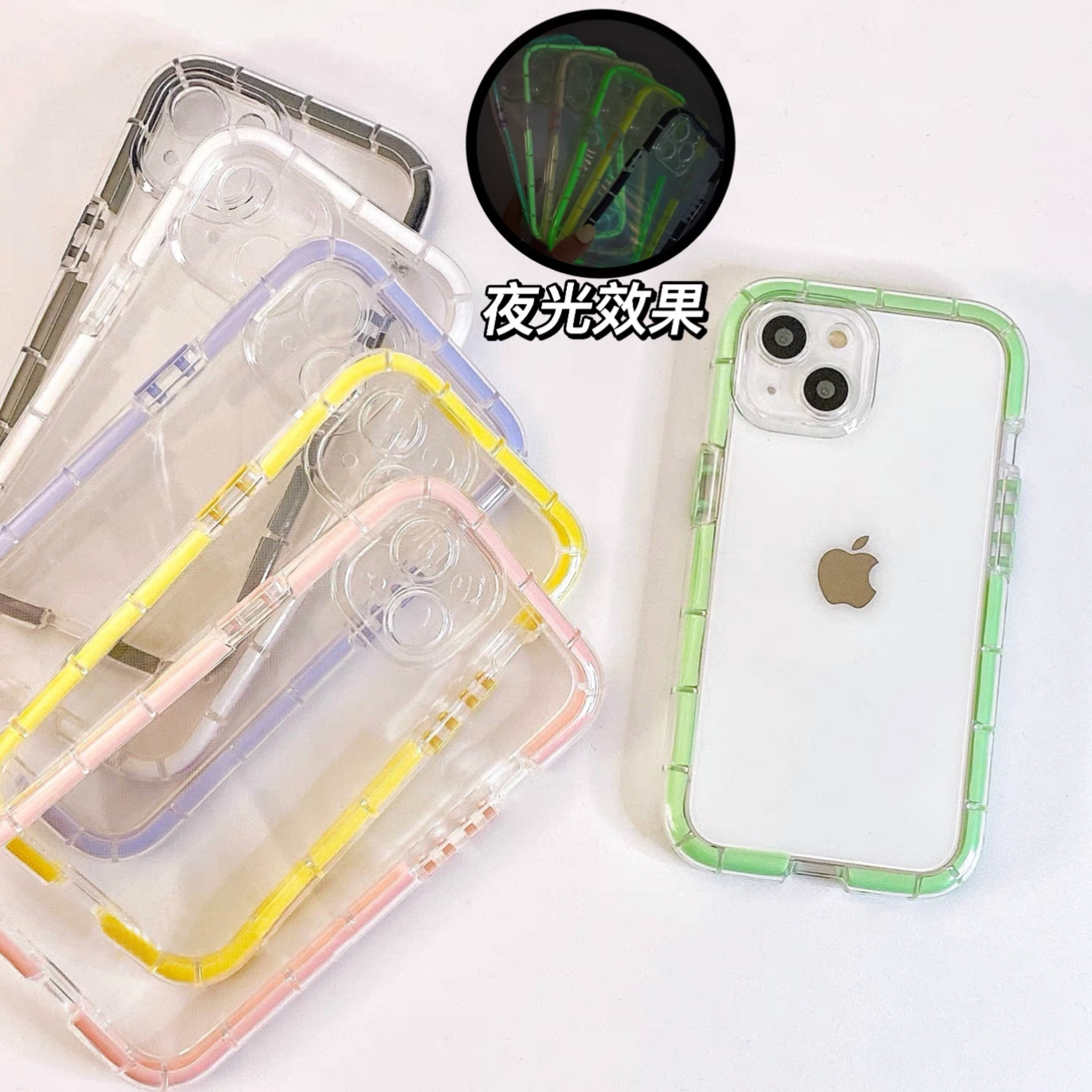 

Fashion Luminous Frame Clear Phone Cases For iPhone 14 Pro Max Case 13 12 11 X XR Xs 7 8 Plus Bumper Cover TPU Shell Shockproof Anti Fall Simple Style Phones Cover, Pink